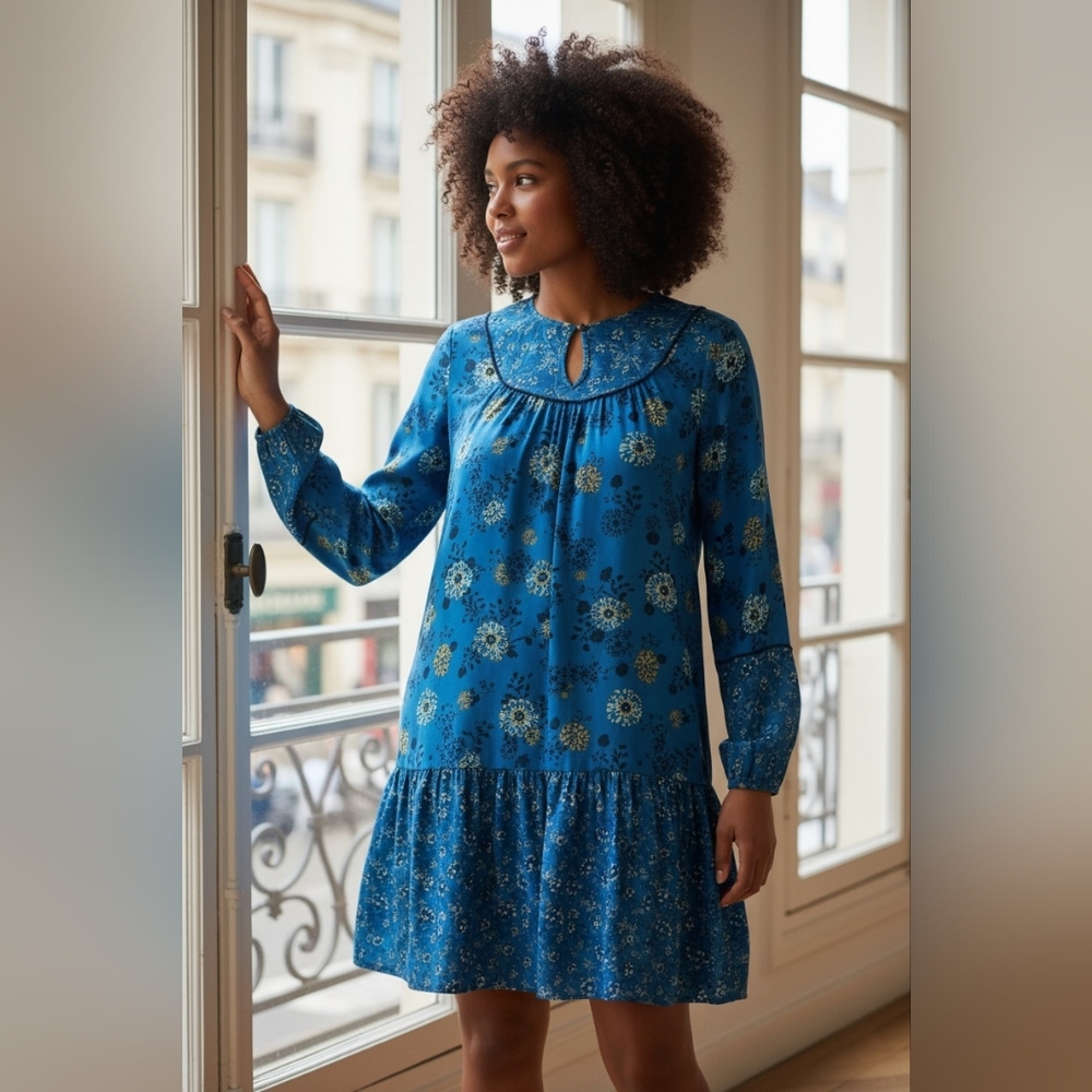 Sonoma Floral Print Long Sleeve Drop Waist Dress, Floral Blue Size 1X